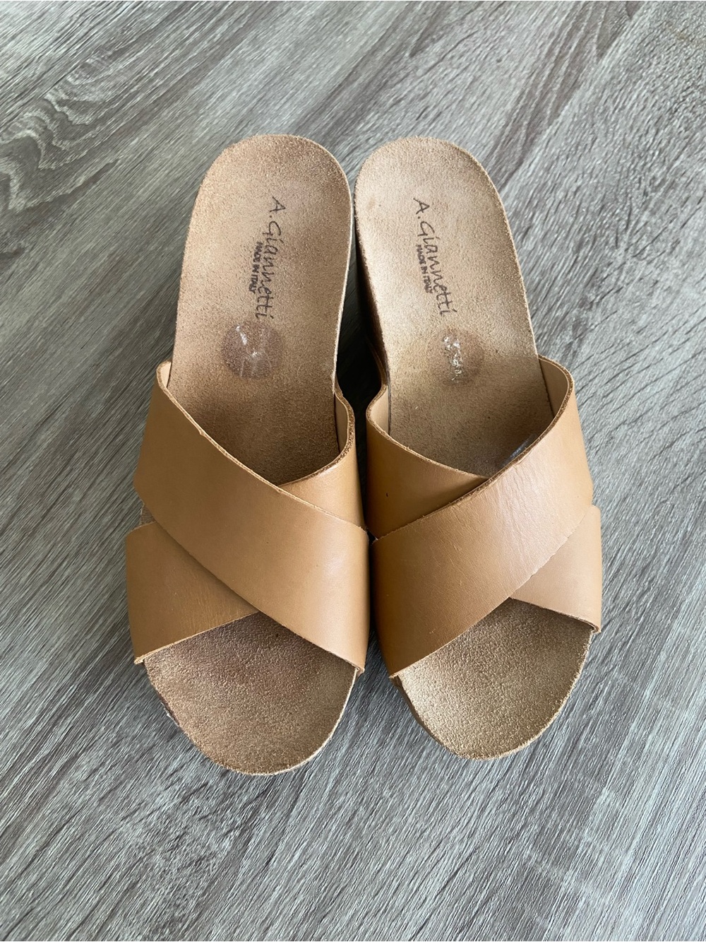 A. Giannetti Cognac Crisscross Leather Slide Mules